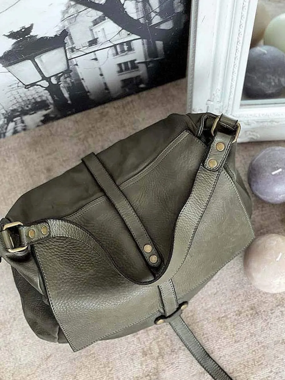 Best Sac Besace Cuir Vert Kaki Ninon Femmes Sac Porte Epaule Avec Sangle